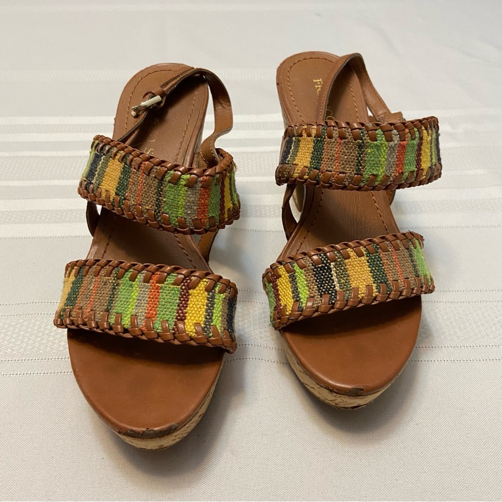 Franco Sarto Womens Cork Platform Heeled Tapestry Sandals size 6